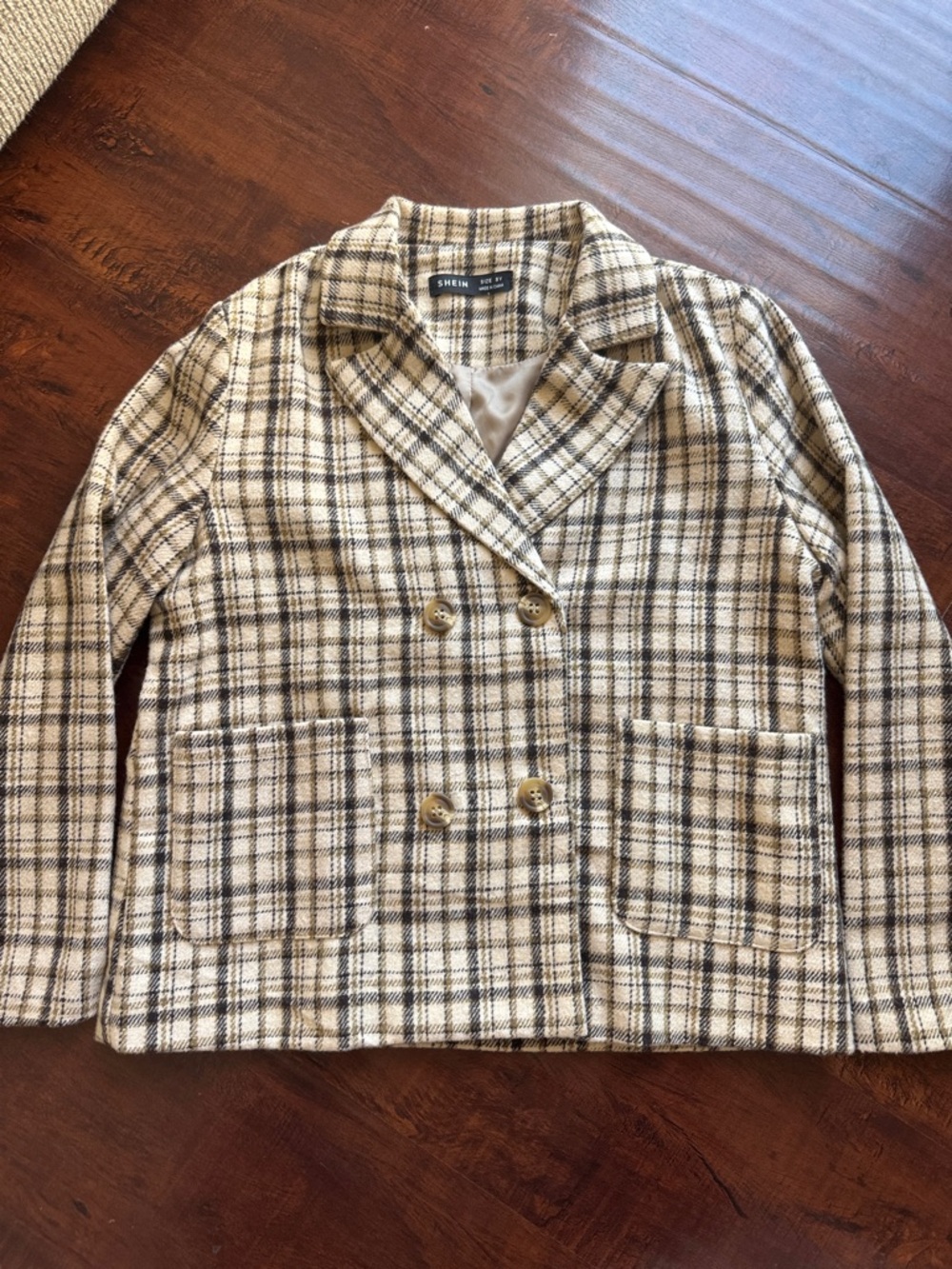 SHEIN kids girls Cream & Brown Plaid Double-Breasted Blazer